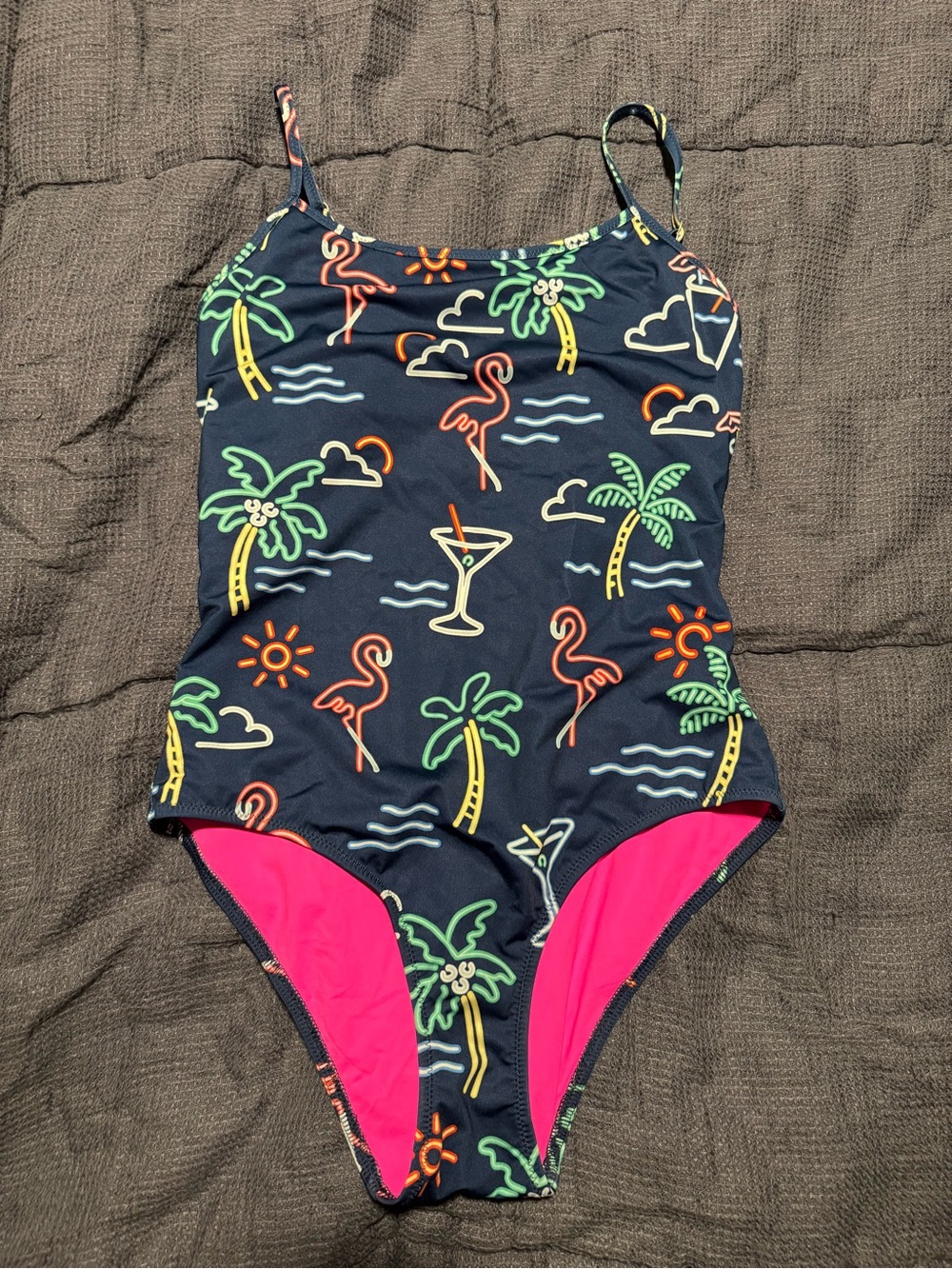 chubbies Navy One-Piece Swimsuit with Neon Flamingo & Palm Print